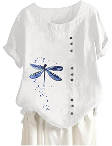 TIMEMEAN Tshirt pour Femme Chemise Tunique Boutonnée à Imprimé Fleuri Vintage Décontracté Col Rond Manches Courtes Coton Lin Confortable Doux Chemisier Hauts