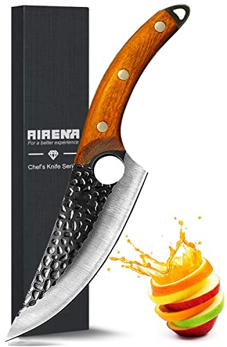 Couteau de Chef Forgé à la main, Couteau de Cuisine Japonais - Acier inoxydable allemand HC - Couteaux d'extérieur avec gaine en cuir et poignée pleine soie pour la Maison, Camping, BBQ - AIRENA