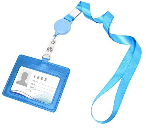 Vicloon Kartenhalter mit Umhängeband, Horizontal ID Ausweishalter mit Umhängeband, Ausweisjojo mit Leder Kartenhalter,Doppelseitig erhältlich, für Ausstellung, Büro, Mitarbeiter-Hellblau
