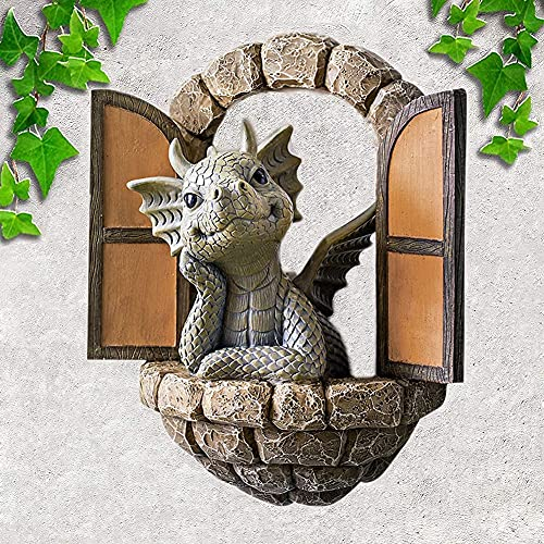 Wleozys Schöne Hof Drachenskulptur, Gartendrachen Figuren Deko Drache Gartenfigur Polyresin Garten Drachen Figuren Statue für Bäume Garten Terrasse
