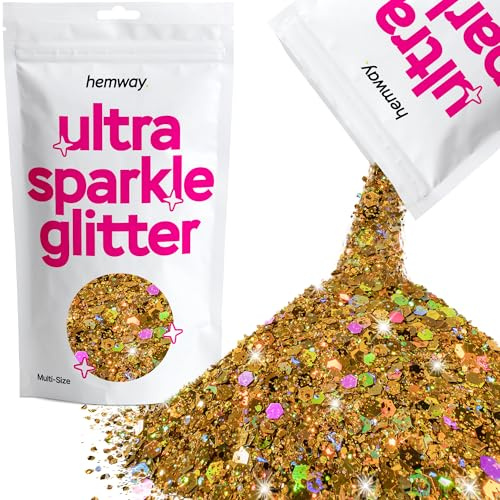 Hemway Ultra Sparkle Glitter Gold Holographic 100g Multi Size | Glitter for Arts & Craft, Makeup, Nail Art, Crafting, Card Making, Sparkle Decoration