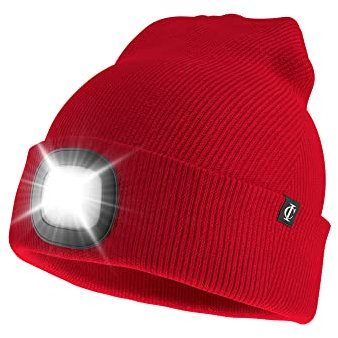 Idyllicomfort Led Lighted Beanie Hat,USB Rechargeable Hands Free Headlamp Cap, Unisex Winter Warmer Knit Hat with Light for Hiking Biking Camping Jogging, Gift for Men, Women, Teens Red
