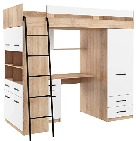 BIM Furniture Hochbett Level L 200x90 cm Etagenbett Schlafzimmer-Sets Kinderbett Schreibtisch Kleiderschrank Kinder Möbel Set Linke Seite (Sonoma Eiche/Weiß)