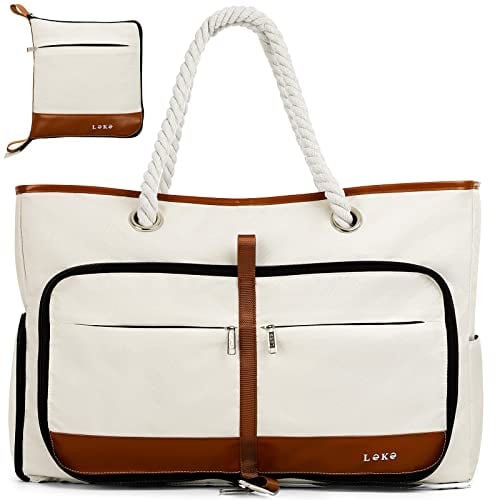 Lekespring Strandtasche Damen Groß mit Reißverschluss, Vielseitiger Damen Shopper Badetasche Saunatasche Reisetasche Tote Bag für Strand Reisen Einkaufen Sport u.Arbeit (Beige)
