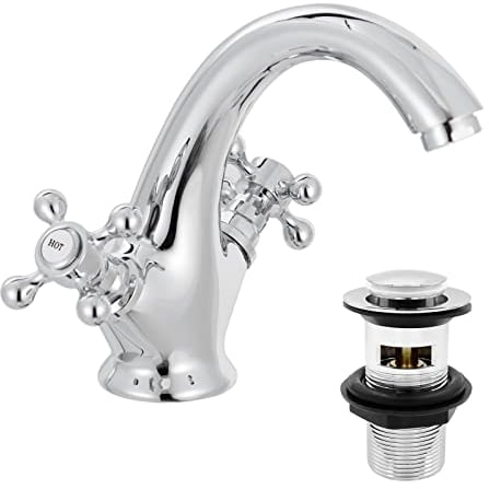 Victoria Waschbeckenarmatur für Waschbecken mit Pop Up Waschbeckenstöpsel Dual Cross Hebel Chrom Messing Schwanenhals Badarmatur Armatur Traditionelle Waschtischarmatur 662W