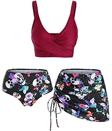 DRESSFO Damen-Bikini-Sets mit hoher Taille, mit Überziehrock, 3-teilig, Gothic-Totenkopf-Badeanzug, gepolstert, Bauchkontrolle, Badeanzug, Tiefrot_1, XX-Large