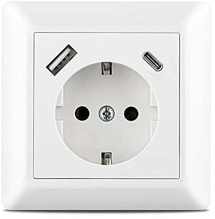 230 V Steckdose mit 1 x USB-A & 1 x USB-C Ladegerät, PD-Charger: max. 18 Watt, Schuko Wandsteckdose Unterputz, passend für Gira System 55 E2, Reinweiß glänzend, Weiß