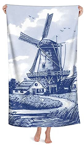 IUBBKI 80 x 130 cm Strandtuch, übergroß, Nederland, niedlich, Vintage-Windmühlen, Delft, blau, Strandtuch für Erwachsene, übergroße Mikrofaser-Badetücher, sandfrei, schnell trocknend