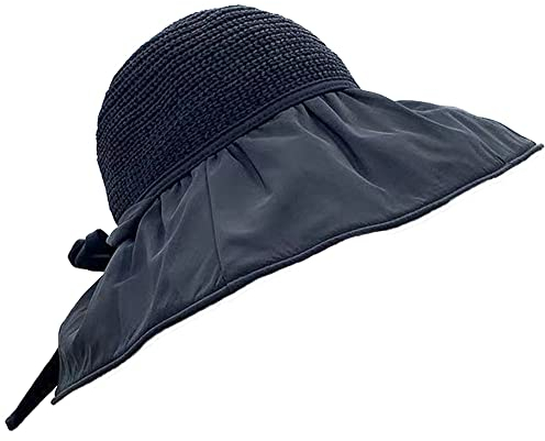 YKKJ Casquettes Anti-Soleil Respirant,Protection Solaire Chapeau de Paille,pour Femme Été Bowknot Beach Chapeau.(Noir)