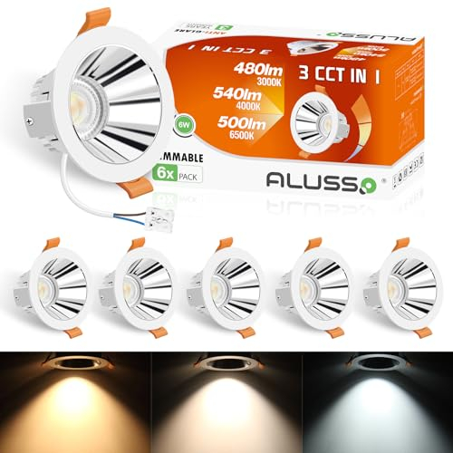 ALUSSO Spots Deckenleuchte LED Einbaustrahler 230V, 6W LED Spots Dimmbar, Warmweiß 3000K Neutralweiß 4000K Kaltweiß 6500K Weiß Silber Einbauspots, Deckenstrahler für Küche, Wohnzimmer, 6er Set