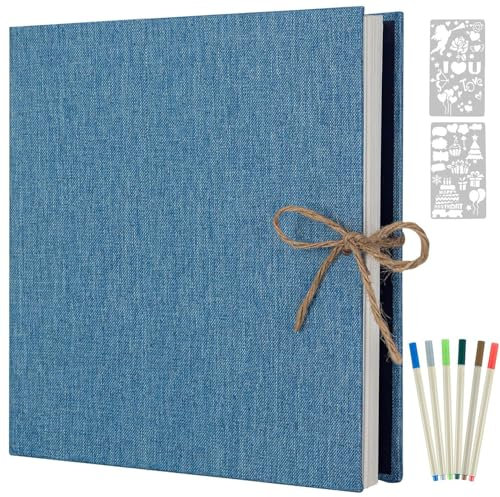 AIOR Fotoalben Selbstklebend 60 Weißen Seiten, Fotoalbum zum Selbstgestalten, Groß Album Fotobuch DIY Scrapbook, Leinenbezug Fotobuch für Familien Hochzeit, 33x32cm (Blau)