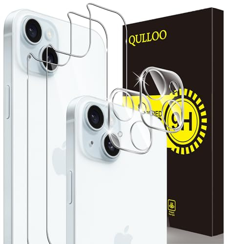 QULLOO Rückseite Schutzfolie für iPhone 15, 2 Stück Rückseite für Panzerglas mit 2 Stück Kameraschutz, 9H Hinten Gehärtetes Glas Vollabdeckung Schutzglas Zurück Folie