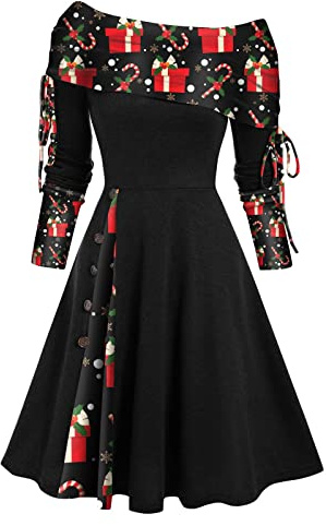 Weihnachten Schulterfrei Kleider für Damen Vintage Druck Patchwork A-Linie Kleid Lässig Locker Fließend Swing Cocktail Party Abschlussball Kleider Weihnachten Maxi Kleid für Damen