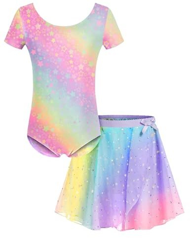 Bricnat Ballettkleidung Mädchen Ballettkleid Kinder Kurzarm Ballettanzug Tanzkleid Ballett Outfit Turnanzug Ballett Trikot mit Rock Tütü Regenbogen 130