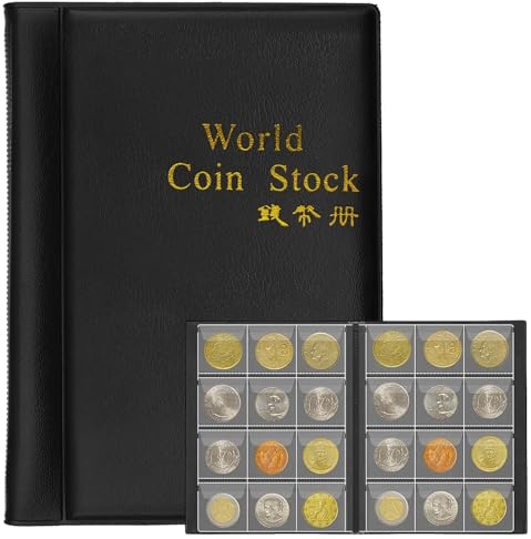 NOCHME Album Monedas Coleccion 120 Bolsillos 3x3 Cm/ 1.2 X 1.2 Pulgadas Antioxidante Organizar Y Exhibir Colección De Monedas Mundiales De Cuero World Coin Stock Album Negro