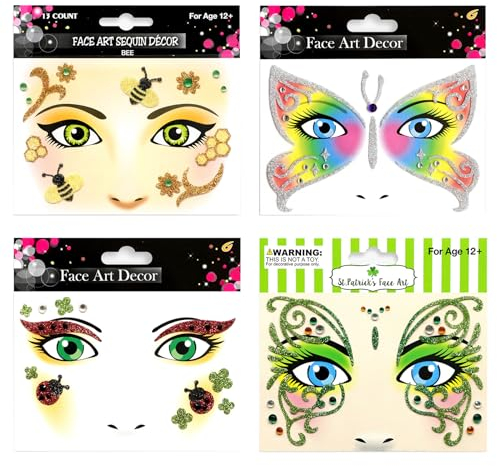 ALEGRE 4 Blätter Gesichtstattoo Biene,Schmetterling Face Art Sticker,Gesicht Tattoo Karneval,Marienkäfer Temporäres Tattoo,Glitzer Gesicht Aufkleber für Motto Party,Karneval,Fasching