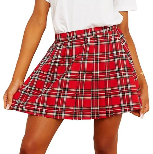 The Fancy Dress® Jupe tartan plissée sur le devant pour femme - Jupe courte plissée à carreaux - Taille élastique - Tailles 36 à 42, Rouge écossais, 38
