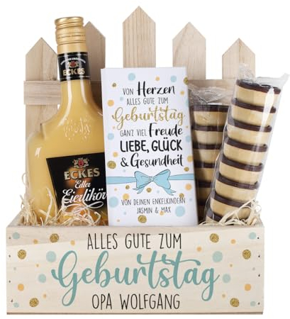 Herz & Heim® Geschenkset mit Eierlikör, Waffelbechern und Schokolade für verschiedene Anlässe, personalisiert (Alles Gute zum Geburtstag)
