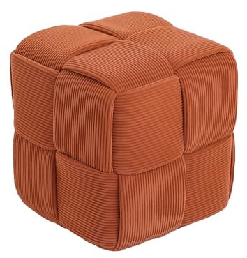 Cmishe 15 Square Woven Corduroy Ottoman Footrest - Modern Vanity Stool for Living Room & Entryway, Eco-Friendly Wood Frame, No Assembly (Orange)