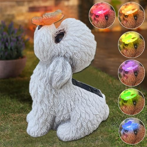 DKIIL NOIYB Oster Hase Solar Lampen, Kaninchen Deko Gartenfigur Skulptur, Wasserfeste Solar Gartenleuchte, Schmetterlinge Gartendeko für Draußen Rasen Terrassen (A4 Bunte Lichter Weißer Hund)
