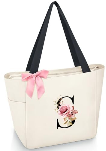 Vavabox Handtasche Damen A-Z Reißverschluss Schultertasche, Geschenke für Damen,Bräute und Brautjungfern, Arbeit,Reisen,Einkaufen,Schule (S, Beige)