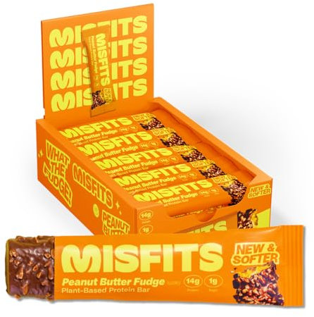 Misfits Vegan Protein Bars, Peanut Butter Fudge - Updated Recipe | Low Sugar & Carb, High Fibre Snacks | Pack of 15