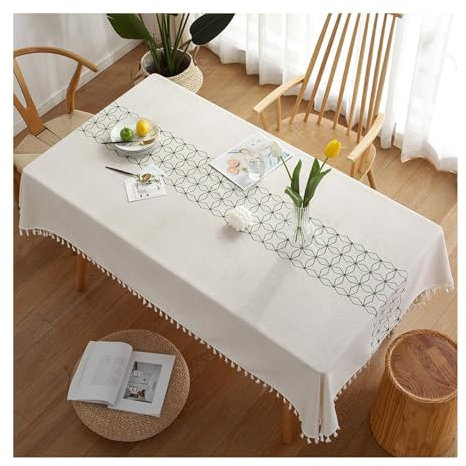 Lieson Rechteckige Tischdecke 140x180 cm, Polyester Tischwäsche Abwaschbar Geometrisch Stern Muster mit Quasten Tafeldecke für Couchtisch, Gartentisch, Grün
