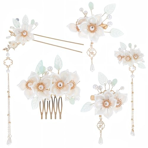 Yuanchu 5 pièces ornements de cheveux avec fleurs pour mariage, bijoux de perles de mariée, fleurs de camélia, peigne à cheveux, pompons en forme de U, aiguilles à cheveux de mariée