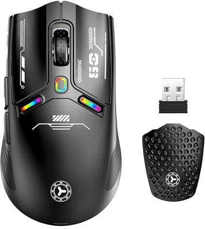 Uiosmuph V08 Mouse Gaming, 2.4 G/USB-C/Bluetooth Mouse, 12000 DPI Ricaricabile Mouse Wireless Ergonomico Programmabili, Coperchio magnetico a nido d'ape Mouse senza fili per laptop, PC, Mac, Nero