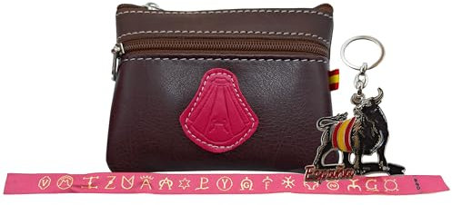 Monedero Taurino España. Monedero Español Hecho Artesanalmente. Incluye Llavero y Accesorio (Pulsera o Imán) (Marrón Oscuro Taurino)