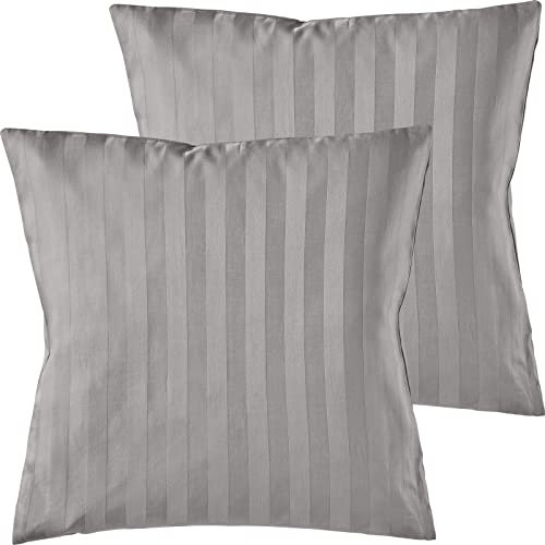 Pure Label 2er Set Mako Satin Damast Streifen Kissenbezüge 40x40 cm aus 100% Baumwolle in grau| Traumhaft weiche Deko Kissen passend zu unseren Bettwäsche Sets