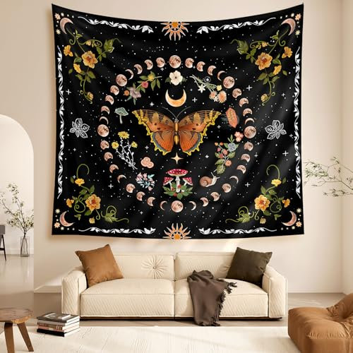 Zodight Orange Schmetterling Wandteppich Mondphasen Tapestry, Pflanzen Blumen Tapisserie Wandbehang für Wohnzimmer Tabelle Zimmer Schlafzimmer