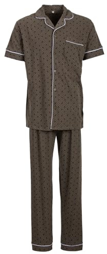 Henry Terre Herren Pyjama Punkte & Zweige Muster Kurzarm Schlafanzug Set Baumwolle durchgeknöpft, Farbe:Olive, Größe:XL