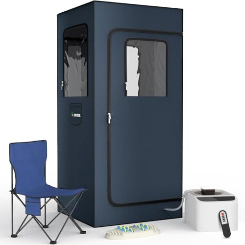 Portable Home Steam Sauna Box, Full Size Personal Sauna Tent for Home Spa, Indoor Sauna Relaxation Kit with 2.6L & 1000 Watt Steam Generator, Remote Control, Foldable Chair, Foot Rest, Mat (Blue)