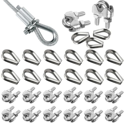 Prmape 24 Piezas Abrazaderas de Cable 4mm, 12pcs Abrazadera de Cuerda de Alambre+12pcs Dedal de Cuerda de Alambre, Tensor Cable Acero M4 para Cable de Cuerda 4mm