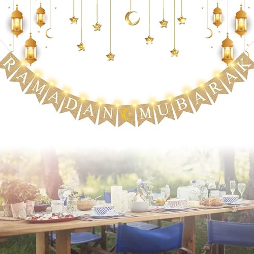 Ramadan Deko,Eid Mubarak & Ramadan Banner,Dekorationsbanner,Lichterkette,für Eid,Innen & Außen,für Party Dekoration,Zuhause,Büro,Haus,Garten,Terrasse