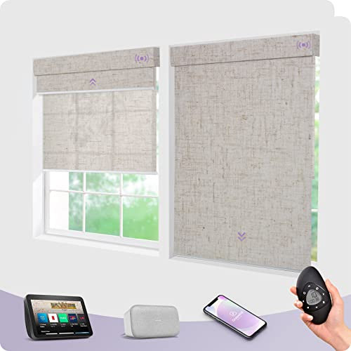 Motorized Smart Dual Roller Blinds for Window Blackout & Light Filtering Rechargeable Electric Double Blinds Remote Control Compatible With Alexa and Google Linen Beige