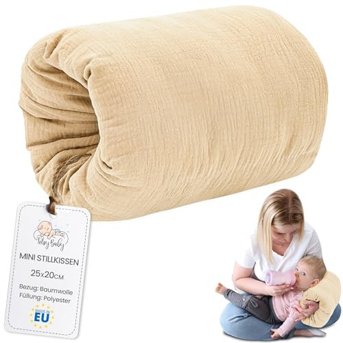 Stillkissen Musselin klein Breastfeeding und Nursing Pillow für unterwegs 20 cm - Stillmuff Armkissen und Lagerungskissen Baby Arm Still Kissen Oeko-Tex Hellbeige