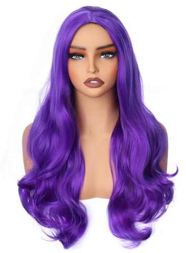 Colorfulpanda Perruque longue ondulée pour femme, cheveux synthétiques naturels bouclés, costume charmant, pour femme et fille, carnaval, fête, Halloween, cosplay, 65 cm (violet foncé)