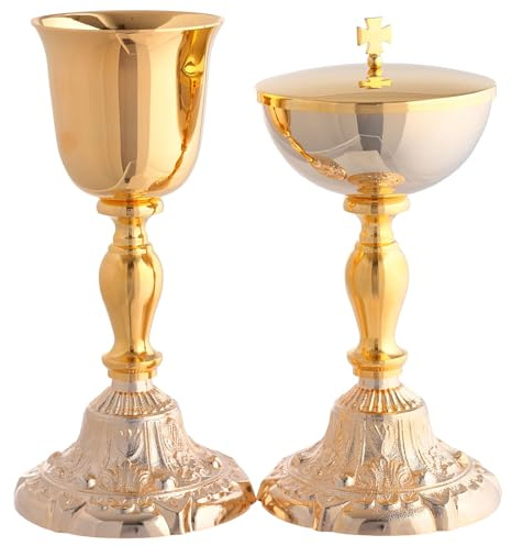 Holyart Calici Pissidi Patene metallo: Calice e Pisside base ghirigori floreali ottone dorato 24k 25 cm, Calice