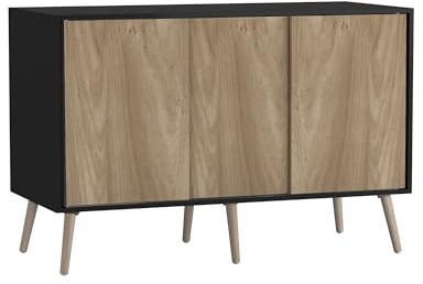 URBNLIVING 3-Door Sliding Sideboard Cabinet with Wooden Legs, Modern Cupboard, Credenza for Living Room, Dining Room or Office, Storage Organizer with Stylish Sliding Doors, Mix & Match Colour Combos