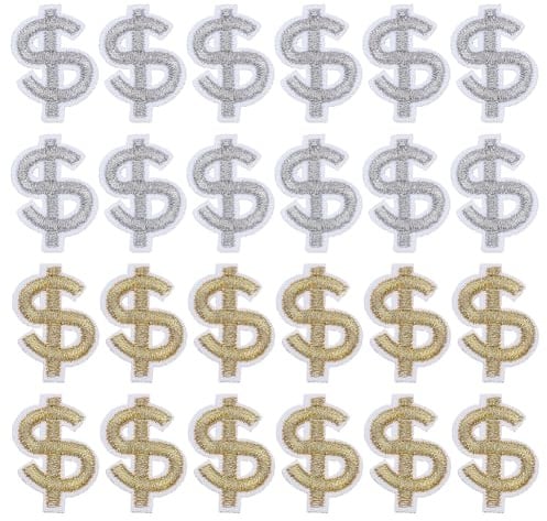 FINGERINSPIRE 24 Stück Dollar Bügelbild 2 Farben Geld Symbol Patches 27x18MM Gold Silber Dollar Zeichen Cartoon Patch Bügelbild Applikation Für Jeans Rucksack DIY Basteln