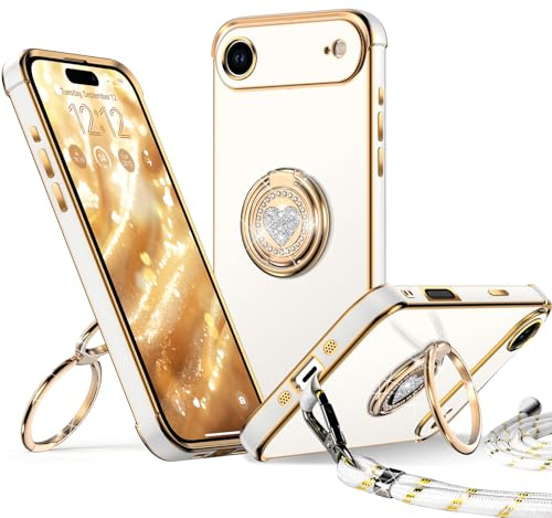 XYZ für iPhone 17 Air Hülle mit Band, Weiß | Herzen Doppelring Ständer HandyHülle, Frauen Mädchen Dünn Stoßfeste Case mit Handykette, Anti Kratzt SchutzHülle