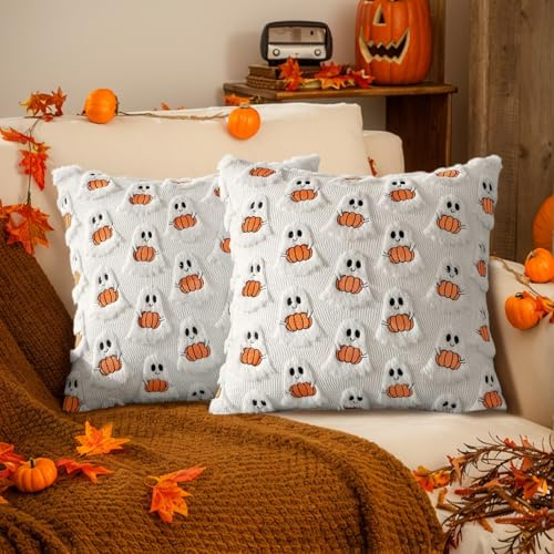 TETSMG Halloween Kürbis Kissenbezug 45x45 cm, 2 Stück Herbst Kissenbezüge 45x45 cm, Modern Herbstdeko Innen, Herbst Pumpkin Kissenbezüge für Kissen 45x45 cm, Halloween Deko Aesthetic (Geister+Kürbis)