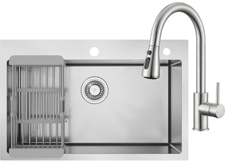 CECIPA 70x45 cm Lavello Cucina con U Rubinetto Cucina Estraibile | Lavandino Cucina 1 Vasca in Acciaio Inox, Grande Lavello con cestello scolapiatti, per Mobile da 70cm