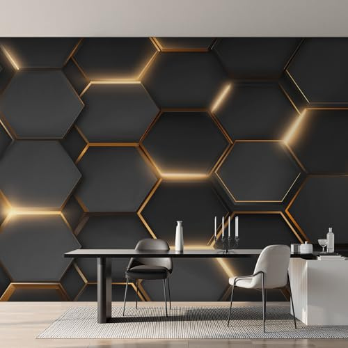 Non-Woven Black Gold Honeycomb Wallpaper - Glitter Hexagon Modern Geometric Wall Mural for Bedroom, Living Room Background Decoration, Home Decor Photo Wall Paper 200x140 cm (WxH)