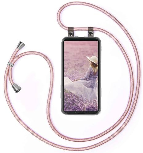 moex Handykette für Sony Xperia 10 VII Hülle mit Band abnehmbar, Handyhülle mit Kette zum Umhängen, Handyband 155 cm lang Stoff Kordel Umhängehülle, Handy Umhängeband, Rosegold