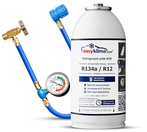EasyKlima R134a Kältemittel mit UV Dye Set – Auto Klimaanlage Nachfüllen – R134a / R12 – Schlauch mit Manometer – Klimaanlage Wartung