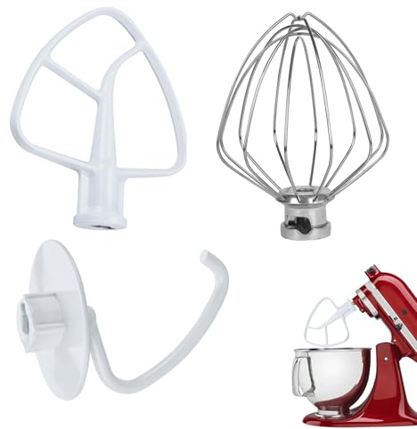 3PCS Fouet à Mousse et Batteur Plat Flexible et Crochet Pétrisseur pour kitchen-a-i-d 4,5 à 5 quart Artisan & Classic Series