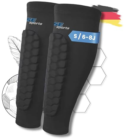 SE sports – S – Schienbeinschoner Kinder Fußball – von ca. 6-8 Jahren (125-145cm/25-35kg) – weiche Waben-Polsterung & rutschfest – atmungsaktive & leichte Soft-Schoner